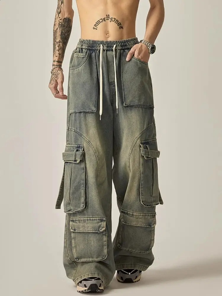 High Street Summer Retro Washed Straight Tube Workwear Jeans Pockets for Men and Women Casual Loose American Pants y2k 240911