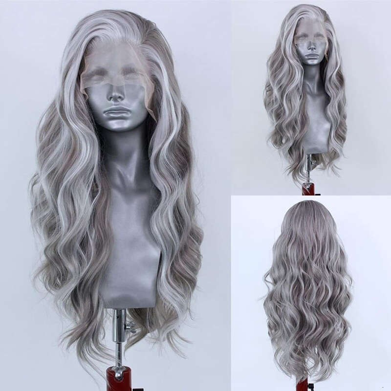 AIMEYA Sier Grey Body Wave Front Wigs For Women Natural Haire Highlighted Synthetic Lace Cosplay Wig