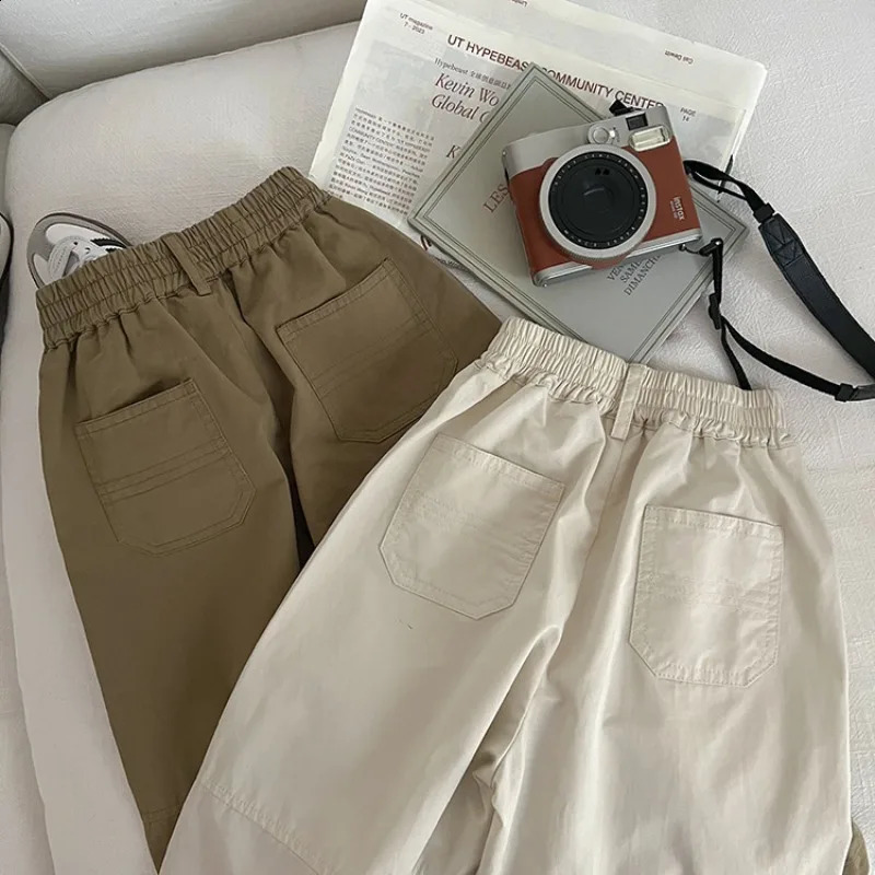 Kids spring summer loose Trousers boys and girls pockets decoration cargo pants 2--7Y 240906