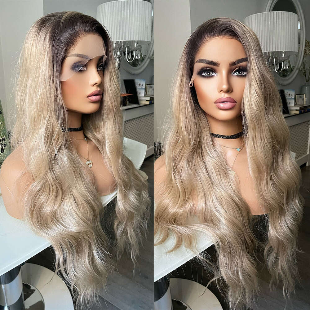 Ash Blonde Ombre Dark Brown Roots Synthetic Lace Front Wig For Alopecia Hair Loss Women Gift Daily Heat Resistant