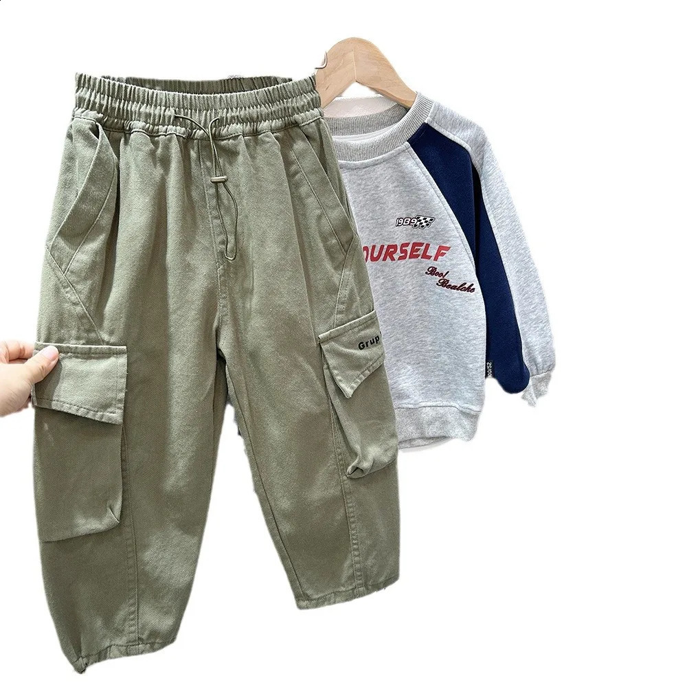 Students Boys Cargo Pants Spring Autumn Drawstring Solid Pockets Kid Boys Trousers Casual Letter Children Boys Jogger Pants 240906