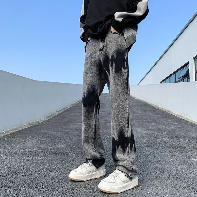 Black Trousers Straight Hip Hop Rock Jeans For Men Punk Youthful Emo Tie Dye Aesthetic Man Cowboy Pants Fashion Korean 240912