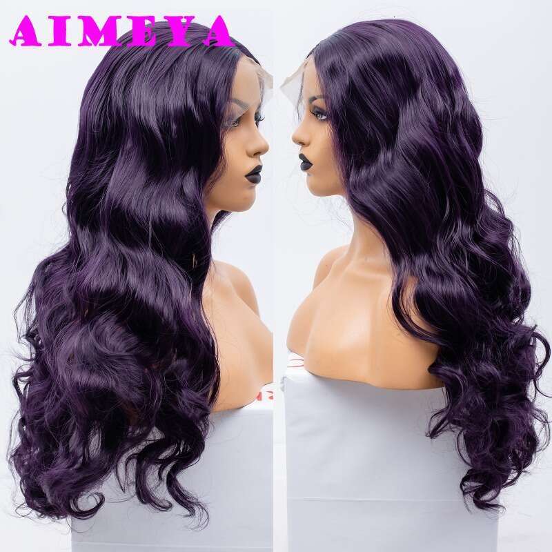 AIMEYA Dark Long Body Wave Synthetic Natural Haire Daily Wear Wigs Cosplay Purple Lace Front Wig