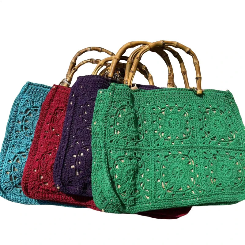Retro bamboo handbag womens crochet hook large capacity handmade hollow beach bag casual summer 240913
