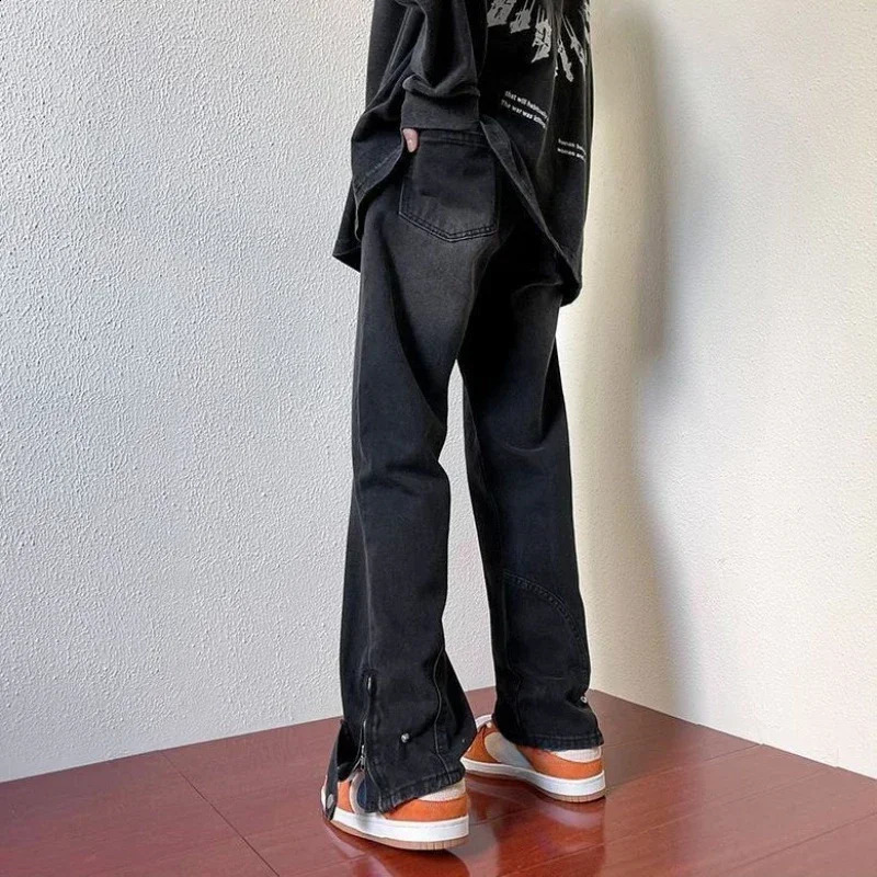 Trousers Zipper Punk Man Cowboy Pants Flared Bootcut Mens Jeans with Slits Stacked Cotton Kpop Trend Fashion Xs Harajuku 240912