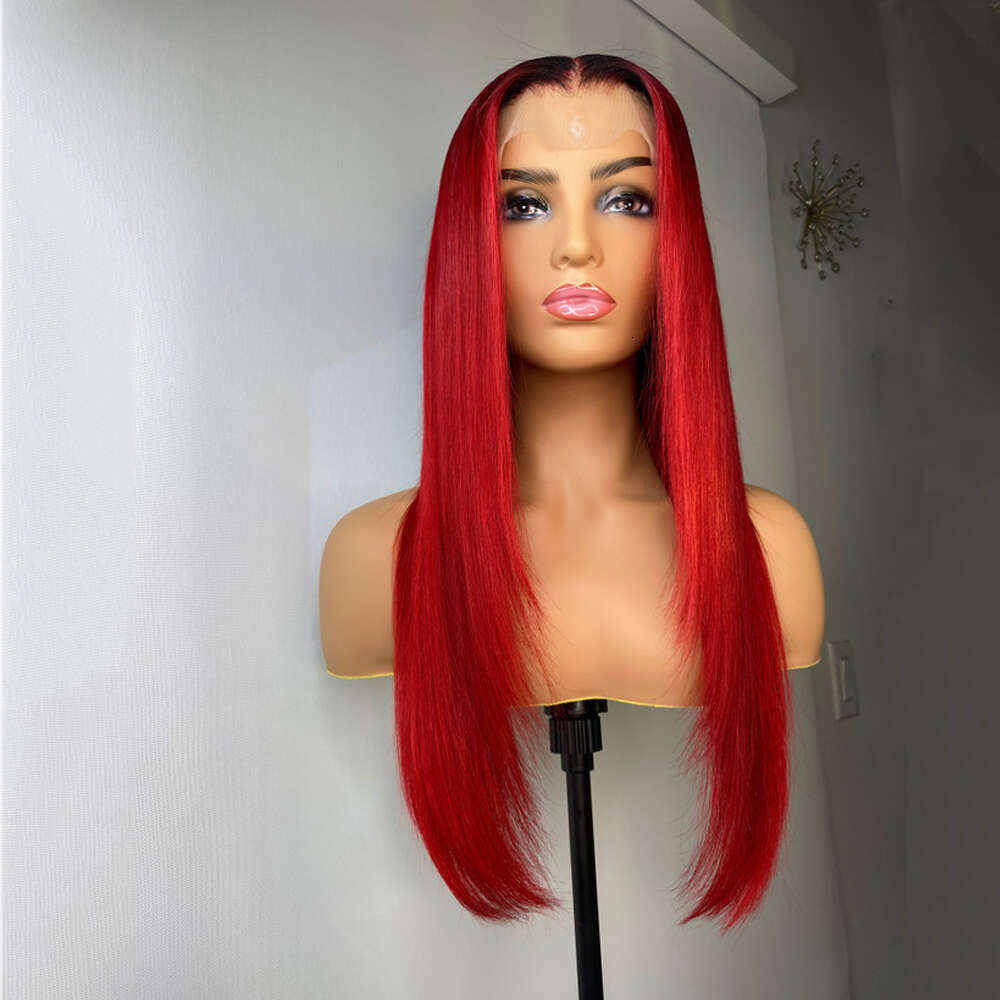 Custom Colored Red With Dark Roots Synthetic Human Hair Blend Straight Wig Transparent Lace 150% Daily/Party Use Heat Resistant