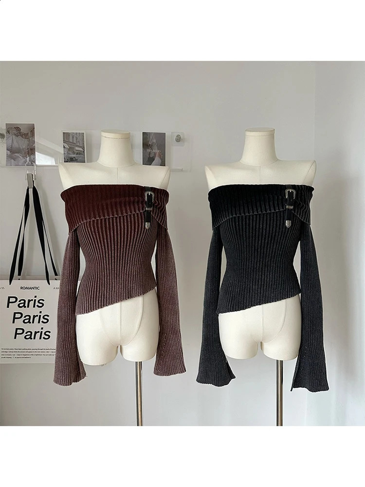 Fashion Simple Classical Knitted Sweater Slash Neck Off Shoulder Long Sleeve Pullovers Flare Sleeve Autumn Winter Y2K Streetwear 240911