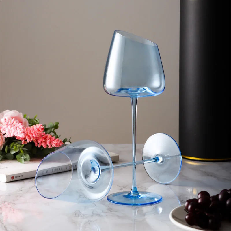 French Pink Flamingo Wine Glasses Set Crystal Glass Goblet Creative Inclined Mouth Concave Bottom Clear Champagne Wine Cup Blue 240913