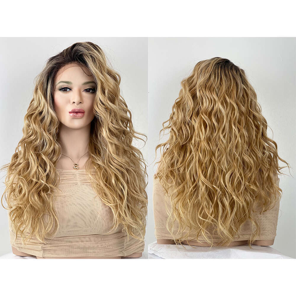 Honey Blonde Rooty Ombre Curly Synthetic Lace Front Heat Resistant Human Hair Blend Wig Middle Parting Daily Use