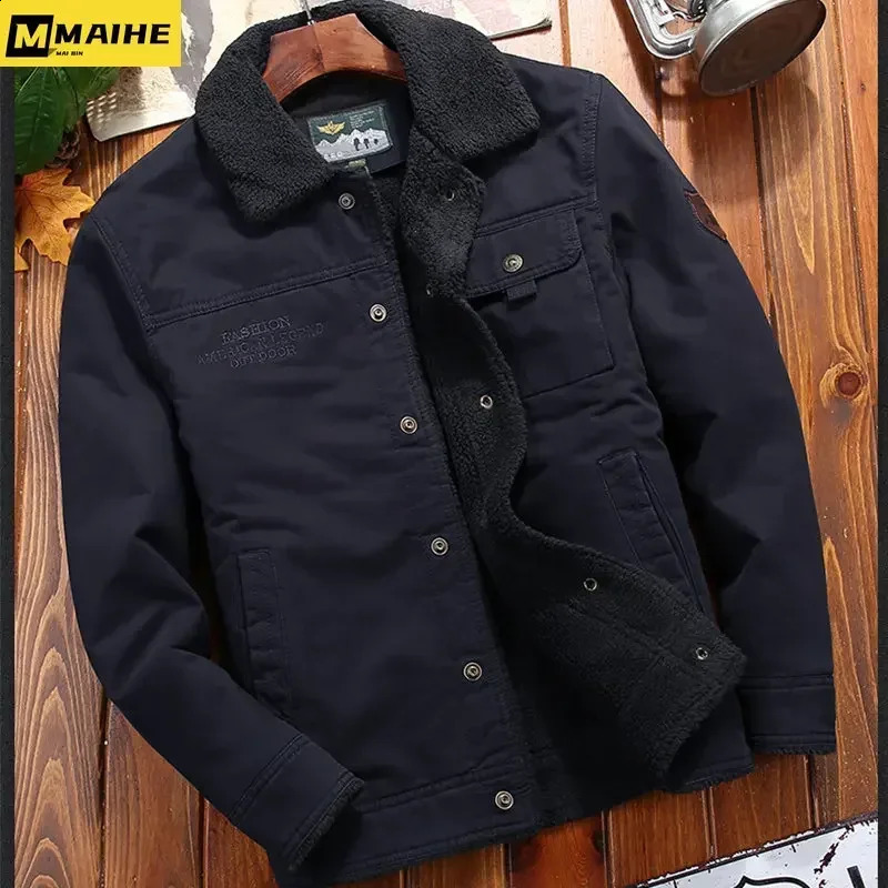 Retro fur collar Winter Jacket Mens Thick warm Coat Casual lamb fleece Parka Mens Trend Jacket Mens Bomber Jacket 6xl 240911