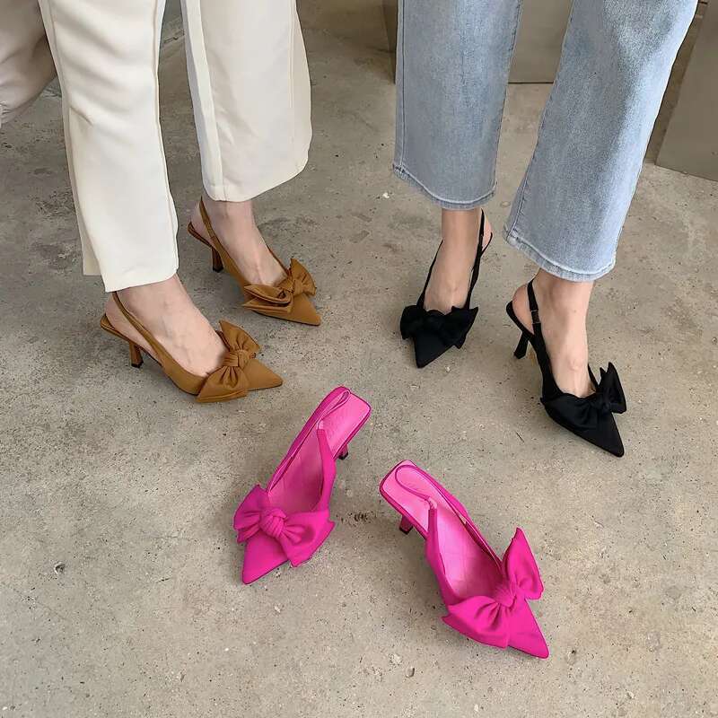 Summer Brand Women Sgback Sandals Heeled Fashion Bow-knot Pointed Toe Slip on Ladies Elegant Dress Pumps Shoes designer shoes