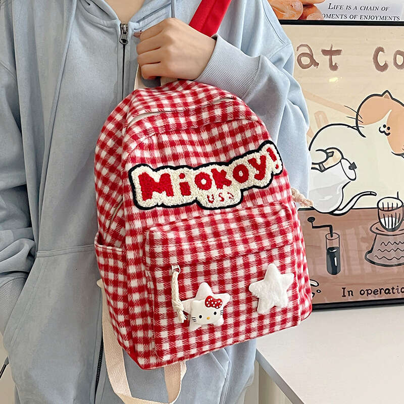 AMZZ Red Checkered Cartoon Cute Student Backpack, Travel Spring Outing Snack Bag 50