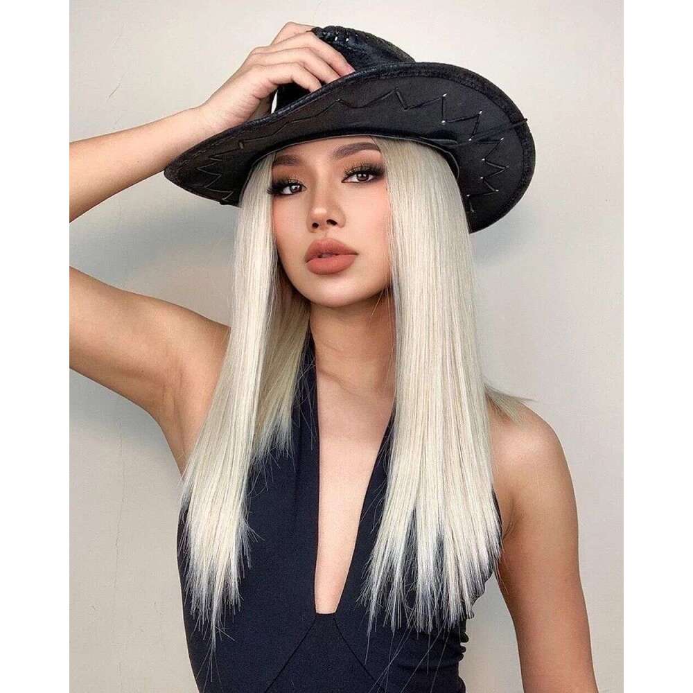 Platinum Synthetic Ash Blonde Roots Ombre Human Hair Wigs 10% Mixed Straight Lace Front Wig Daily/Cosplay