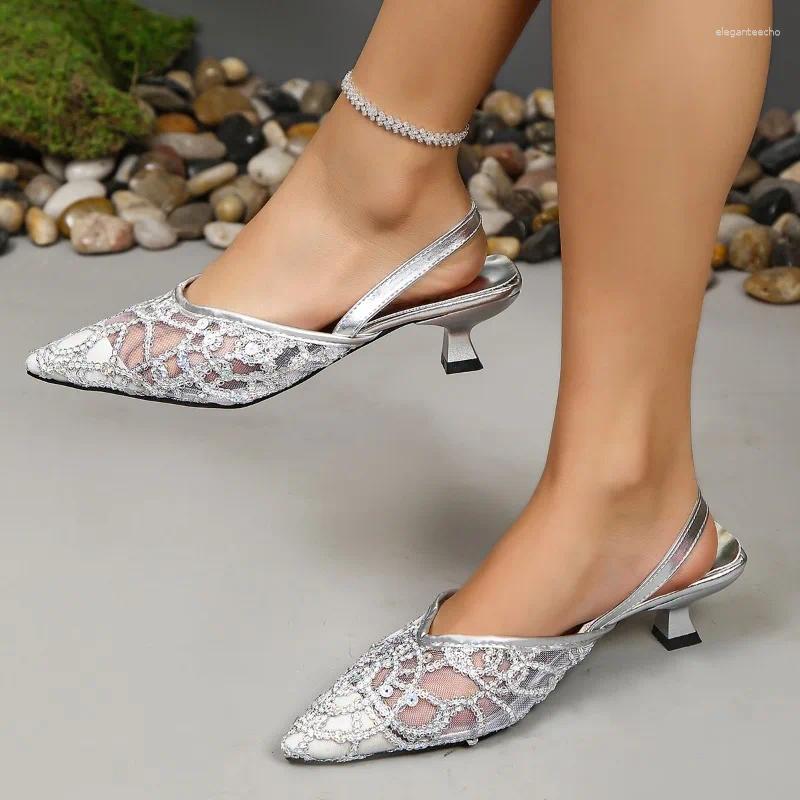 2025 S Fashion Designer Sandals Spring And Autumn Style Fashionable Comfortable Casual Versatile Mesh Sequin Pointed Toe Stiletto