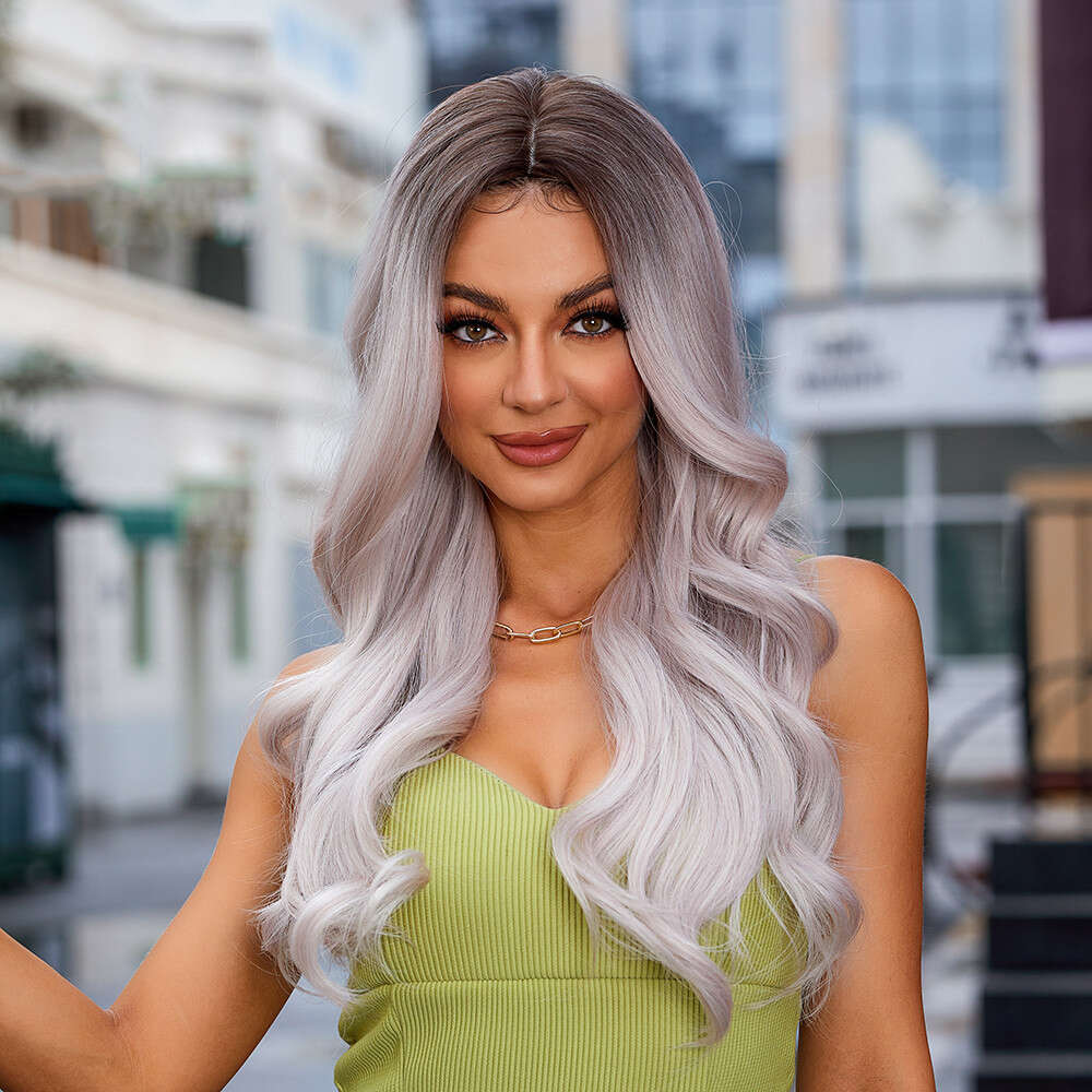 Platinum Synthetic Icy White Wavy Ash Blonde Roots Lace Front Wig Mixed Human Hair Daily Heat Resistant For Women