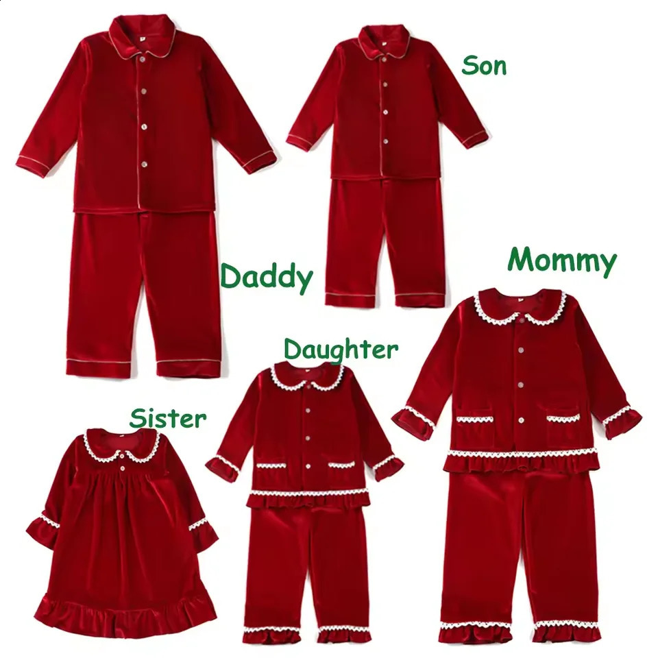 Velvet Ruffle Family Matching Pjs Christmas Kids pyjamsa Sibling Set Baby Clothes Boy And Girls Red Dress Pajamas Sets 240913