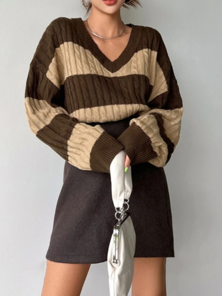 Suninbox Vintage V Neck Acrylic Knitted Sweaters Women Korean Fashion Long Sleeve Striped Sweater Pullover Autumn Winter Clothes 240904