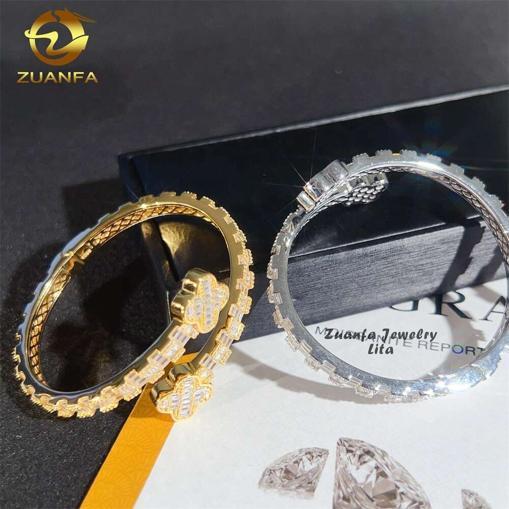 Sterling Sier Fashion Jewelry Four Leaf Clover Hip Hop Moissanite Diamonds Gold Plated Bracelet Bangles