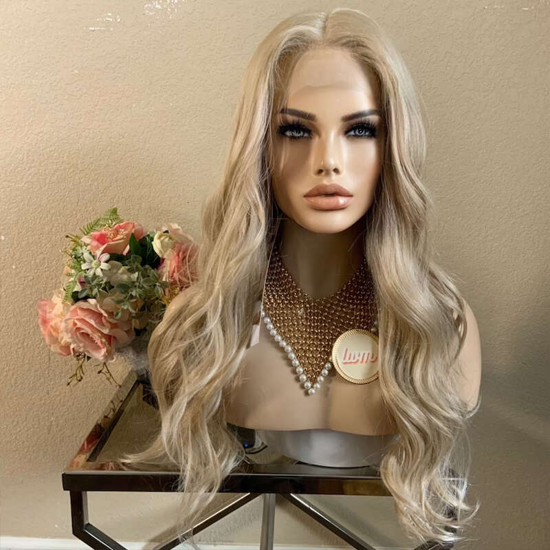 24'' Ash Platinum Blonde Lace Front Synthetic Heat Resistant Fiber Mixed 10% Human Hair Middle Part Cosplay Wig For Women