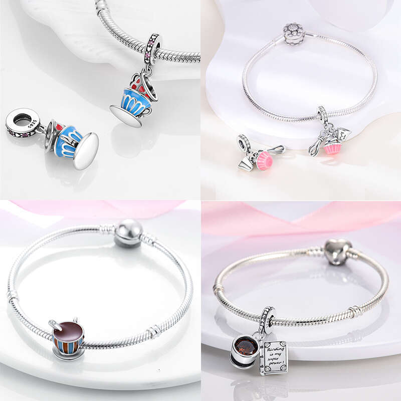 925 Silver Cup Collection Coffee Afternoon Tea Wine Glass Pendant Fit Original Bracelet Charms Bead Necklace DIY Jew