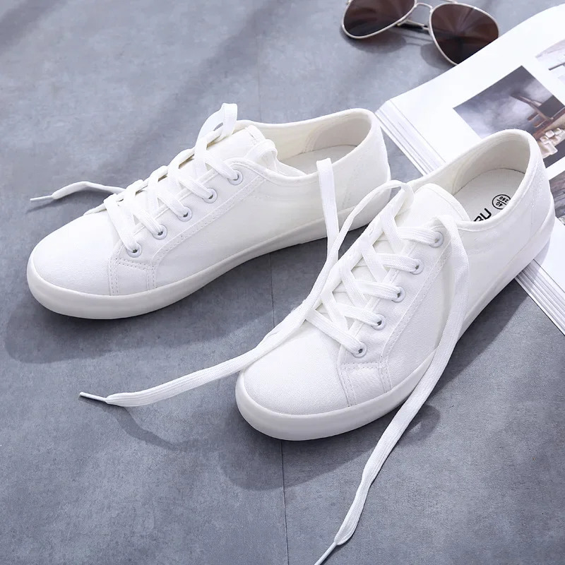 Unisex White Canvas Casual Summer Vulcanized Lace-up Students Cloth Shoe Women's Flats Sneakers Women Board Shoes