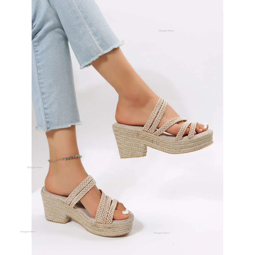 Size Summer Large Women's Linen Solid Color Woven Minimalist Ins Style Sandals, Slope Heel Sandals