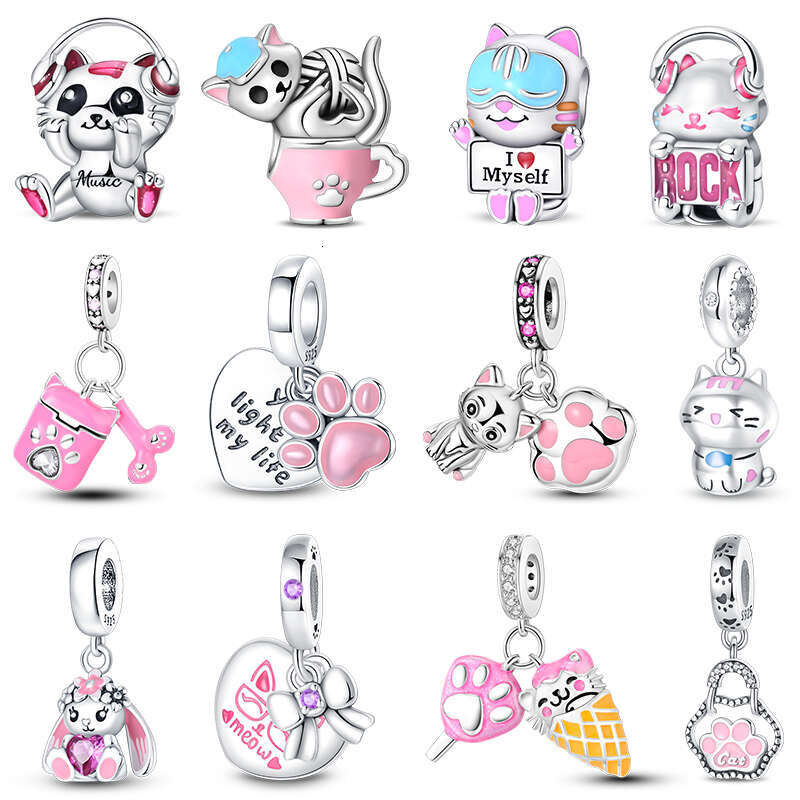 925 Sterling Silver Teacup Music Pink Cat Paw Charms Beads Fit Original Bracelet Fine DIY Cute Jewelry Gift