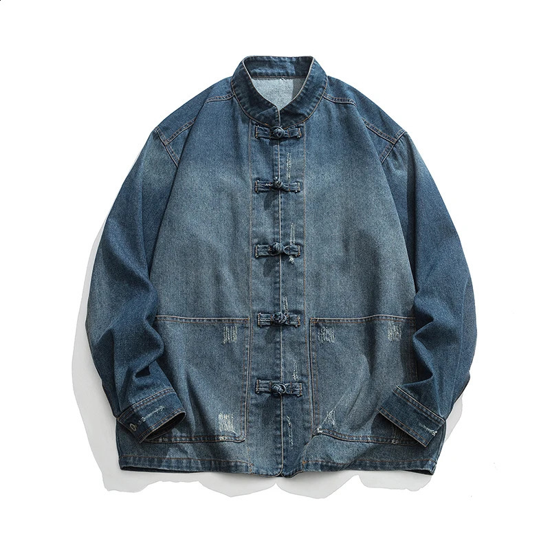 autumn mens Tang style clothing washed denim tops collar jackets casual cotton 240913