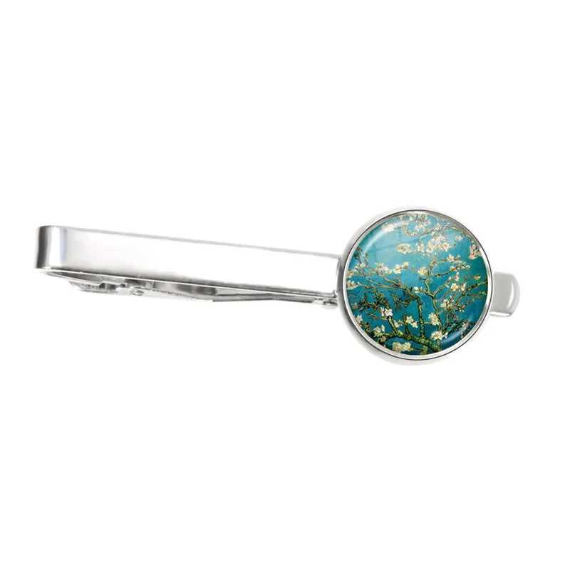 Mens New Fashion Van Gogh Oil Painting Tie Clip Copper Metal Simple Neck Tie Pin Set Pin Button Gift W240914