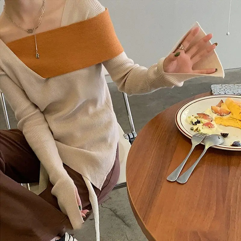 Women Autumn Winter Fashion Slim Patchwork Vneck Long Sleeve Knitwear Clothes Temperament Allmatch Trend Knitting Tops 240904
