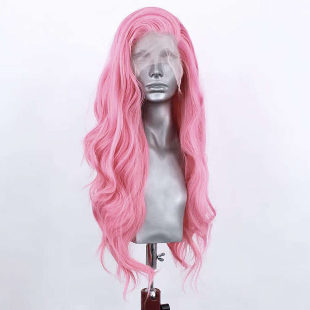 AIMEYA Pink Long Body Wave Side Part Lace Front Heat Resistant Synthetic Hair Daily Use Cosplay Wig