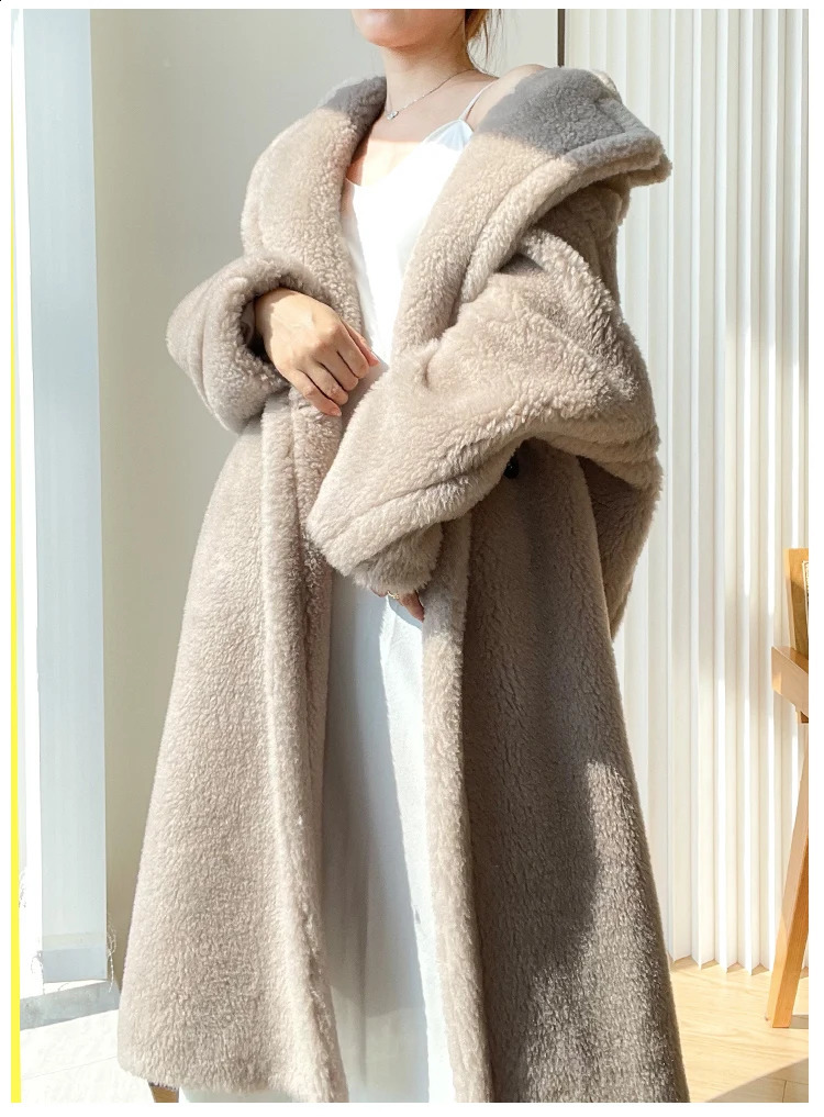 Teddy teddy bear coat womens autumn and winter fur grain camel wool coat alpaca wool med-long woolcoat 240911