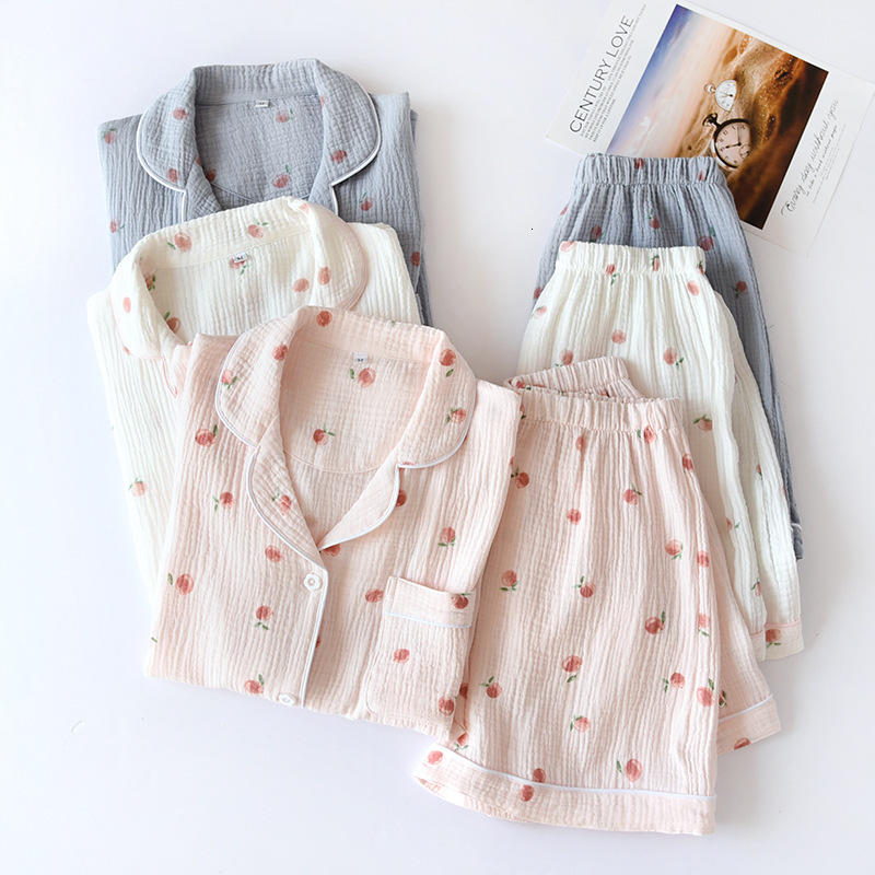 100% Cotton Gauze Summer 2-Piece Set Short-Sleeved Peach Print Homewear Ladies Pamas Women Sleepwear