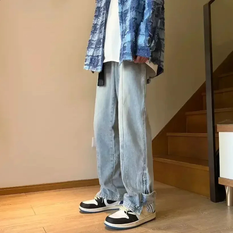 Trousers Zipper Punk Man Cowboy Pants Flared Bootcut Mens Jeans with Slits Stacked Cotton Kpop Trend Fashion Xs Harajuku 240912