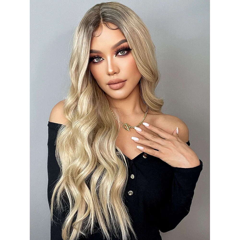Lace Front Synthetic Long Wavy Wig Ombre Light Blonde Wigs For Women Daily Hair Heat Resistant 28" 180% Density