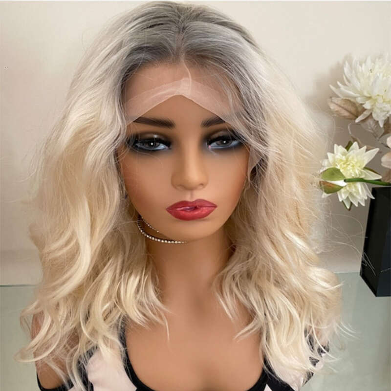 Platinum Blonde Lace Front Wig With Grey Roots Thick Shoulder Wavy Synthetic 16" 150% Density Ready To Ship 10% Human Hair