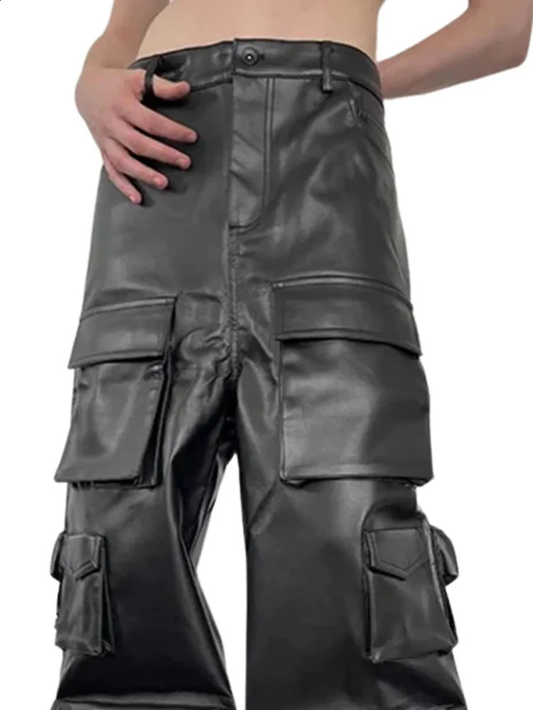 Mens black matte leather cargo pants mid waist loose straight pants with multiple pockets mens fashion Y2K PU Trouser customized Clubwear 240913