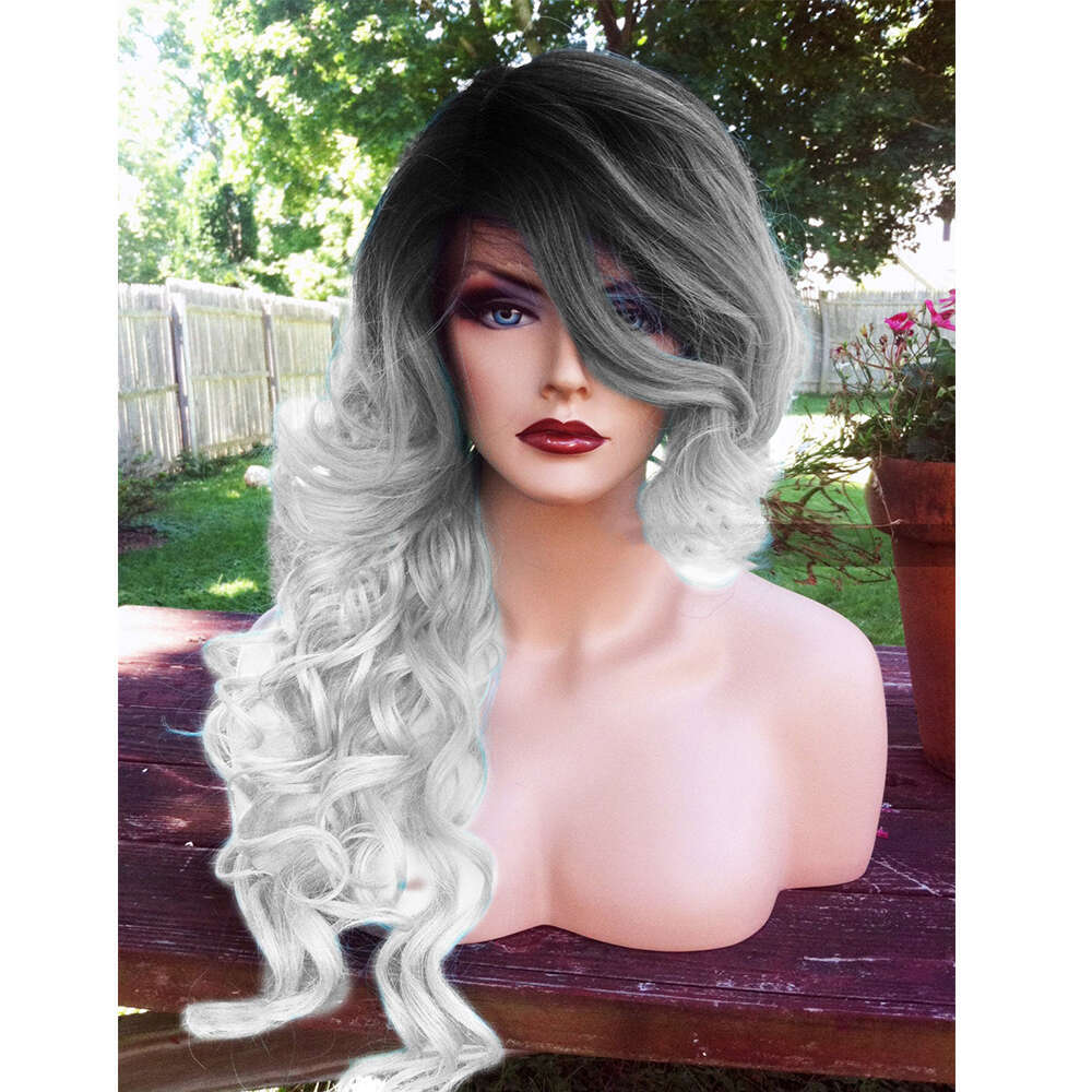 Light Sier Grey Lace Front With Ombre Black Roots 22" Long Curly Wig Heat Safe Synthetic Wigs For Women Daily Cosplay