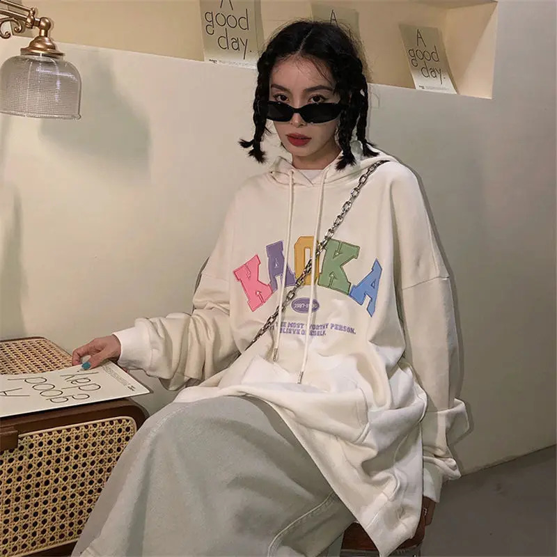 Letter Printed Hoodie Womens Hooded Pullover Loose Top Jacket 240906