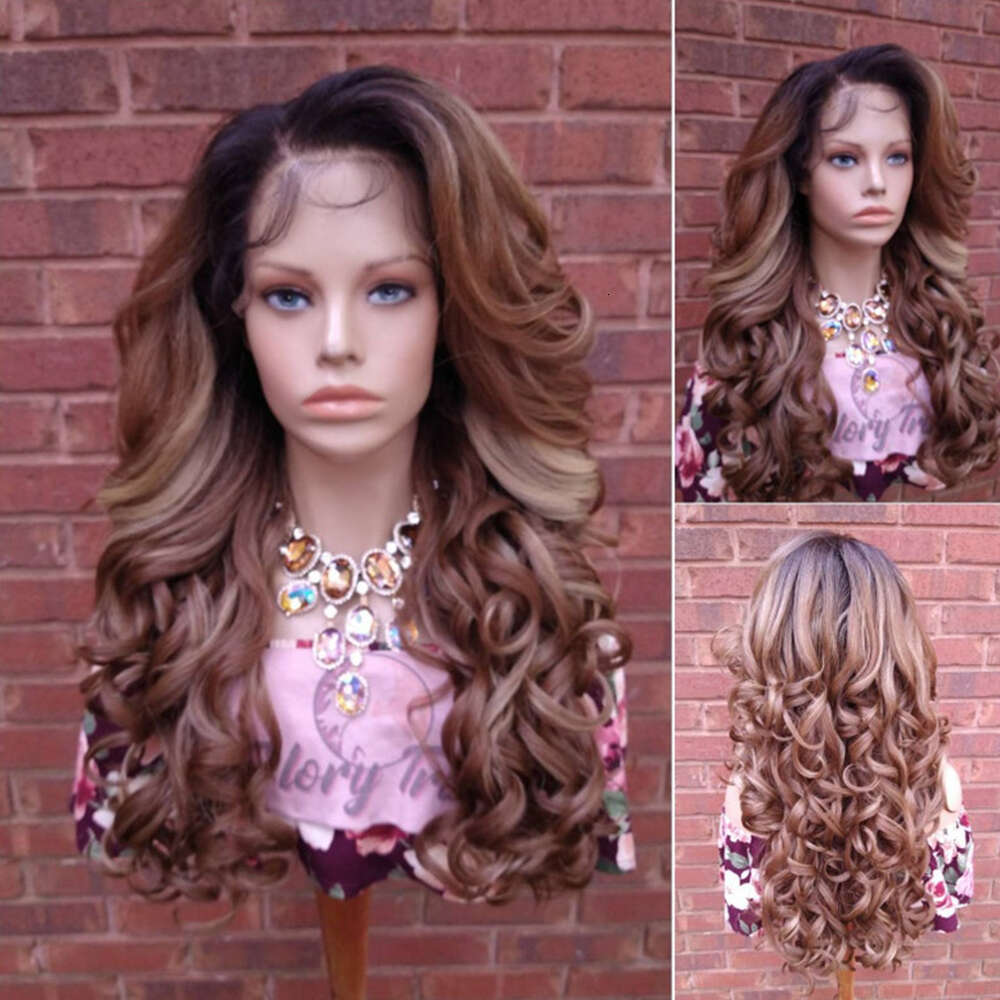 Human Hair Blend Curly Frontal Pre-Plucked HD Lace Auburn Blonde Wig Dark Roots For Women Free Parting Daily/Party