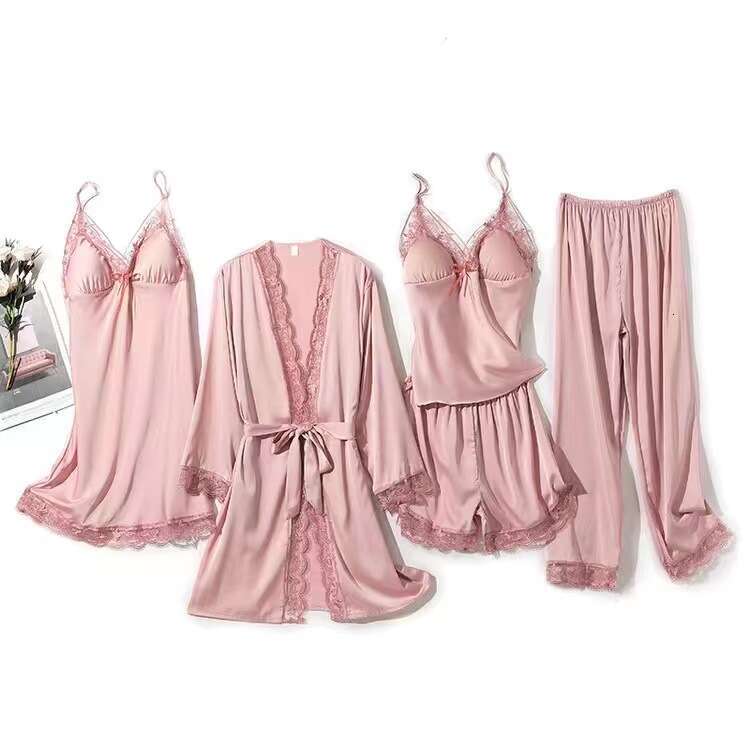 Women Sexy Pamas 5Pcs Satin Sleepwear Pijama Lace Wear Home Clothing Embroidery Sleep Lounge Pyjama With Chest Pads
