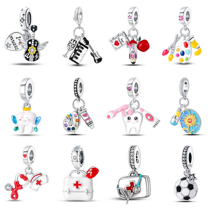 925 Sterling Silver Guitar Musician Painter Doctor Career Charm Bead Fit Original Bracelet DIY Souvenir Jewelry