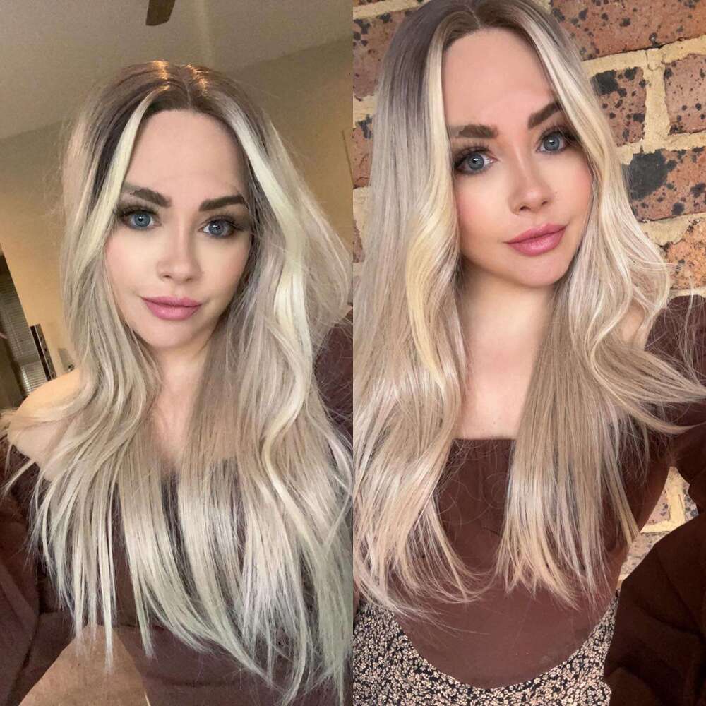Highlights Honey Blonde Synthetic Long Wavy Front Human Hair Blended HD Transparent Lace Wig Perfect For Daily Use