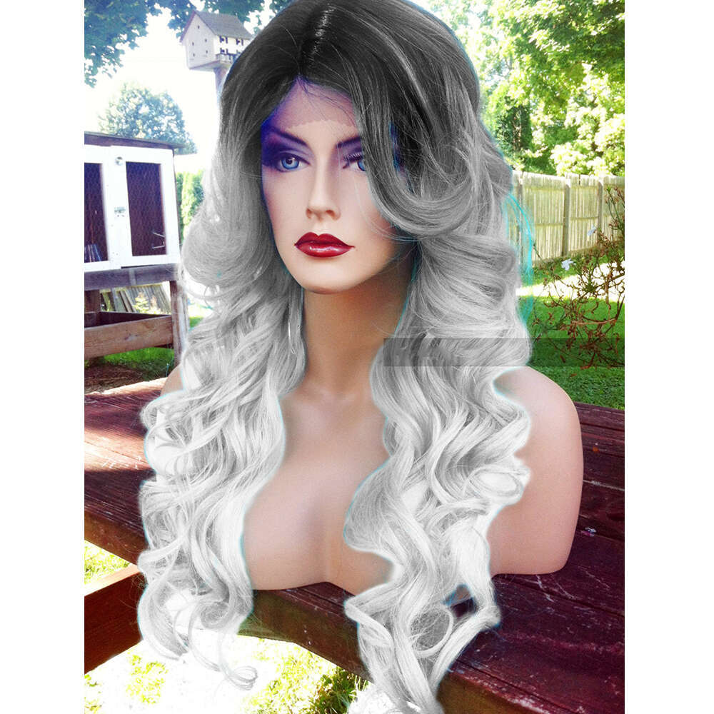Light Sier Grey Lace Front With Ombre Black Roots 22" Long Curly Wig Heat Safe Synthetic Wigs For Women Daily Cosplay