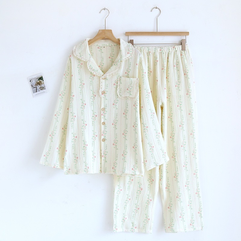 100% Cotton Gauze Women Pamas 2024 New Spring/Autumn Sleepwear Female 2 Piece Set Nightwear Lady Pyjamas Loungewear
