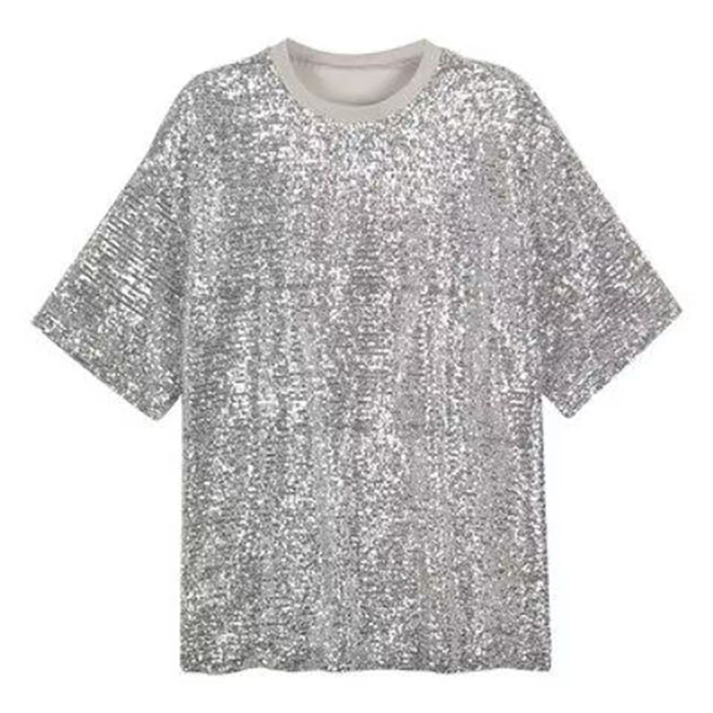Korean version of spring and summer long bf wind loose half sleeve sequins thick designer T-shirt shirt shiny loose dress.