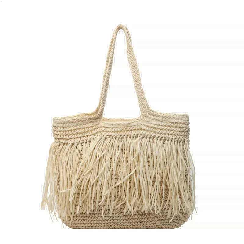 High quality casual shoulder bag woven with straw and large capacity solid handbag for summer seaside travel in 240913