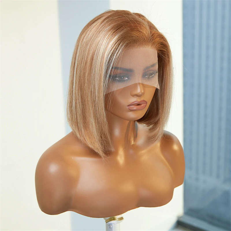 13X4 New In Glueless Front Wig Bob Pre Plucked Straight HD Transparent Synthetic Hair Ombre Ash Blonde Lace Frontal Wigs