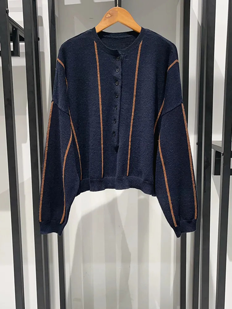 Women Wool Blend Vertical Stripes Sweater ONeck Long Sleeve Early Autumn Lady Elegant Fashion Knit Cardigan 240904