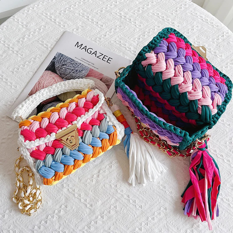 Fashion colored crochet womens handbag with tassel and thick rope shoulder cross body bag knitted small flip cover wallet 240913